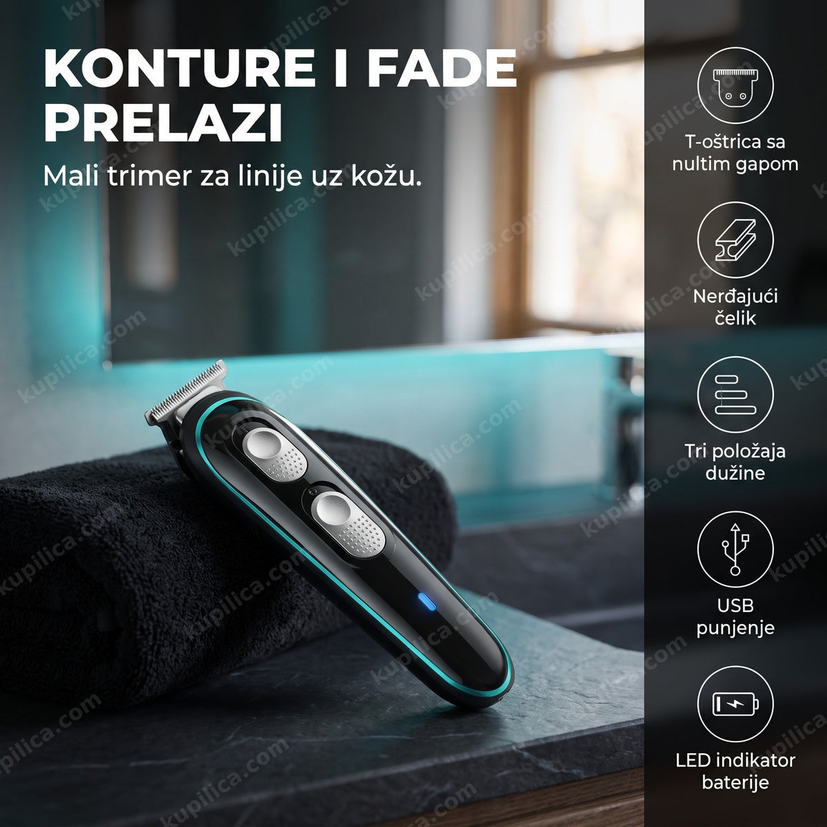 crno-tirkizni trimer za konture i fade prelaze na ivici crnog lavaboa