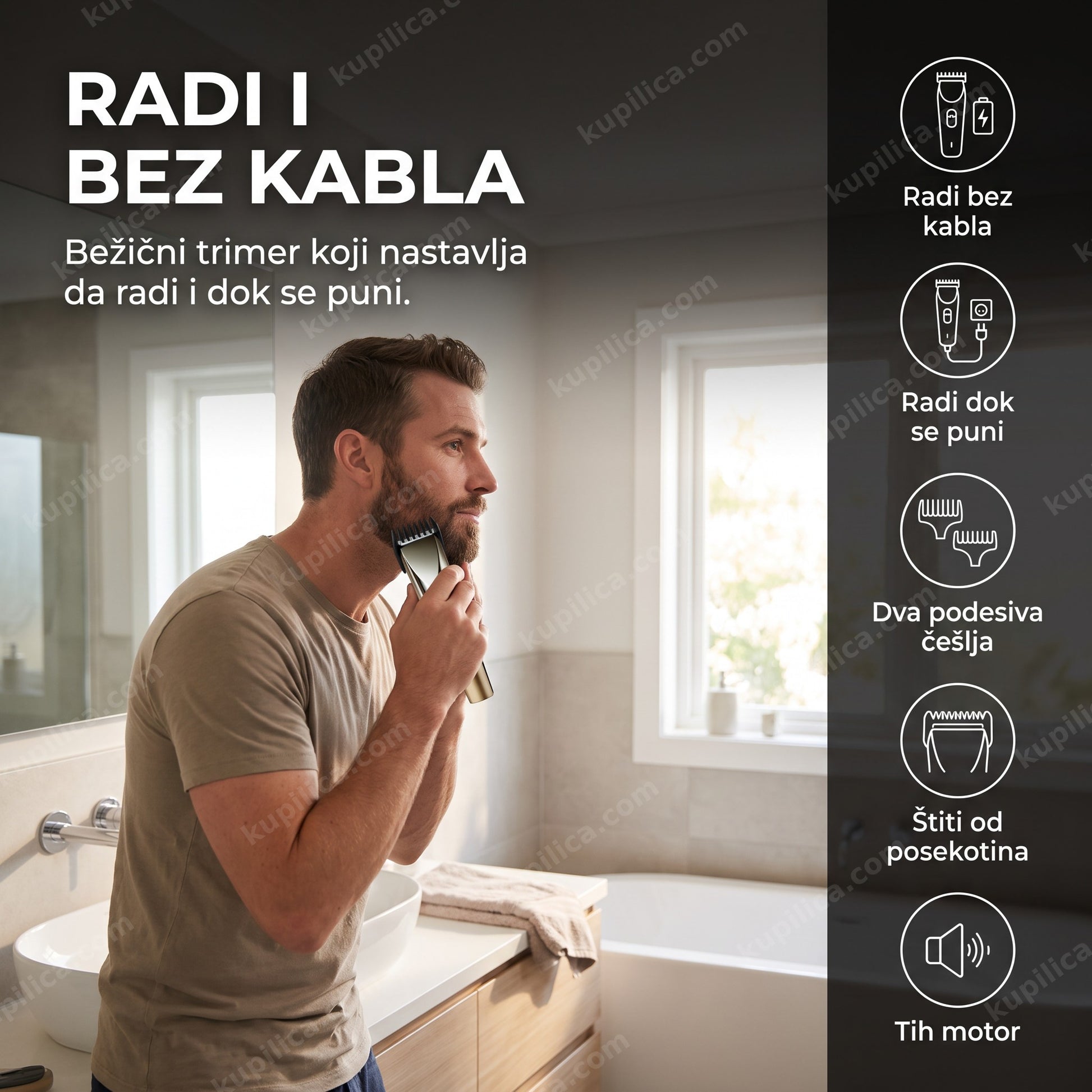 trimer za kosu i bradu Geemy GM-6587 — muškarac šiša bradu kod kuće, radi bez kabla i dok se puni