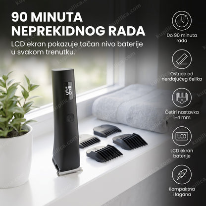 crni trimer za kosu i bradu sa lcd ekranom i nastavcima na beloj polici