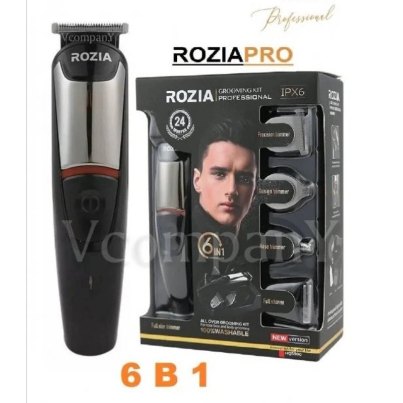 ROZIA PRO trimer pored kutije sa šest nastavaka za negu