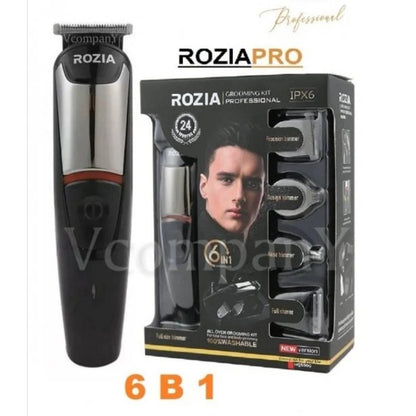 ROZIA PRO trimer pored kutije sa šest nastavaka za negu