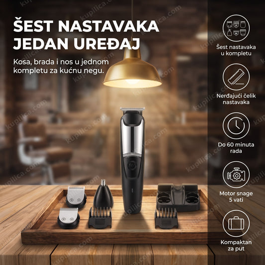 crni trimer za kosu i bradu set od šest nastavaka na drvenoj postavci