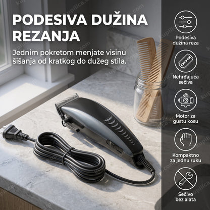 crni trimer za kosu sa podesivom dužinom reza i kablom na kamenom stolu