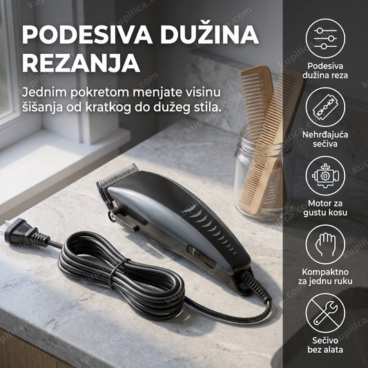 crni trimer za kosu sa podesivom dužinom reza i kablom na kamenom stolu