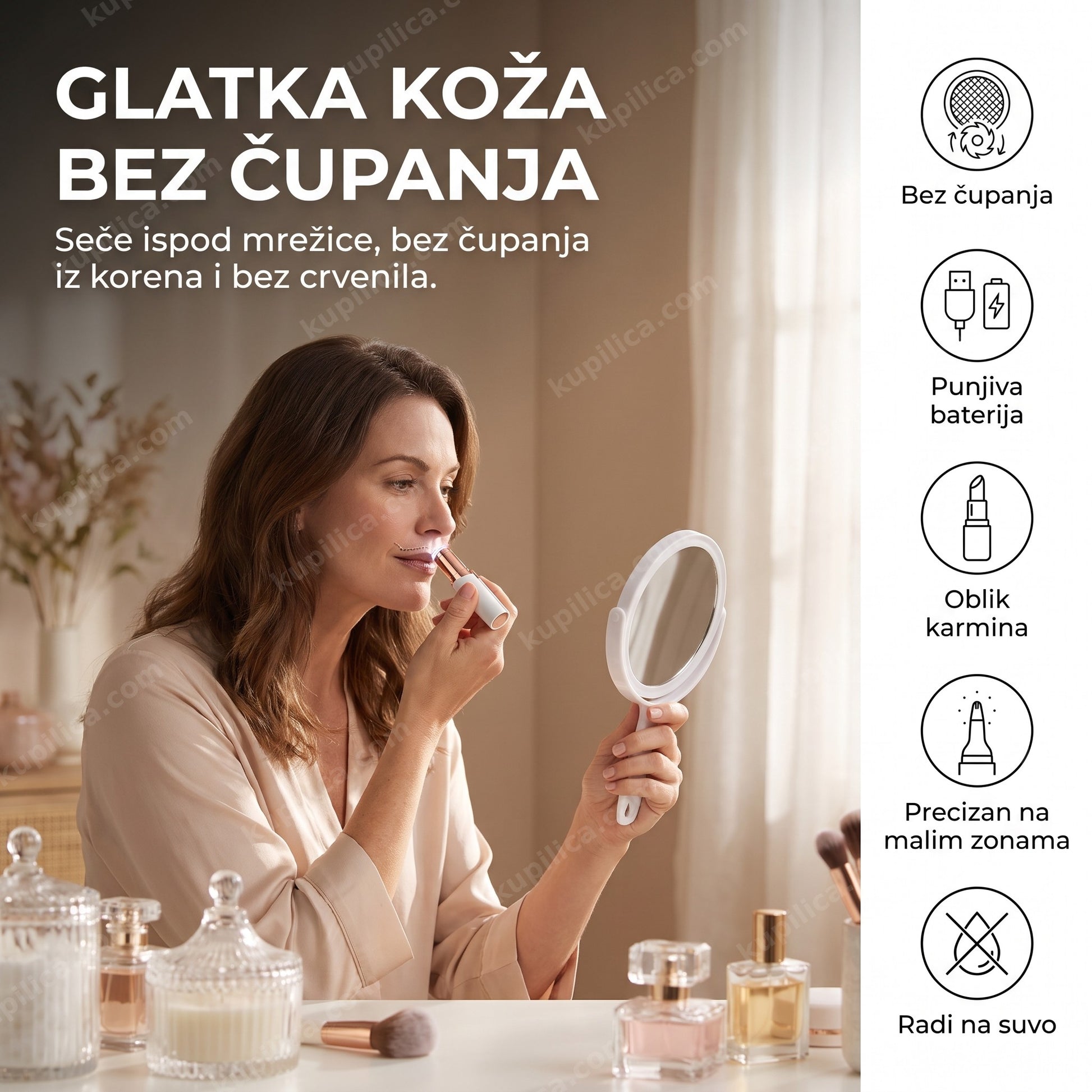 trimer za lice Flawless — žena koristi mini trimer kod kuće, bez čupanja, punjiva baterija