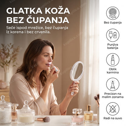 trimer za lice Flawless — žena koristi mini trimer kod kuće, bez čupanja, punjiva baterija