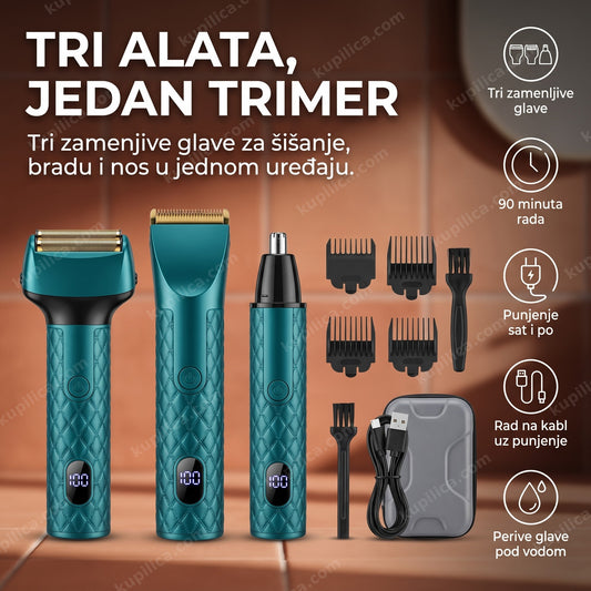 tirkizni trimer za muškarce 3u1 sa tri glave i češljevima
