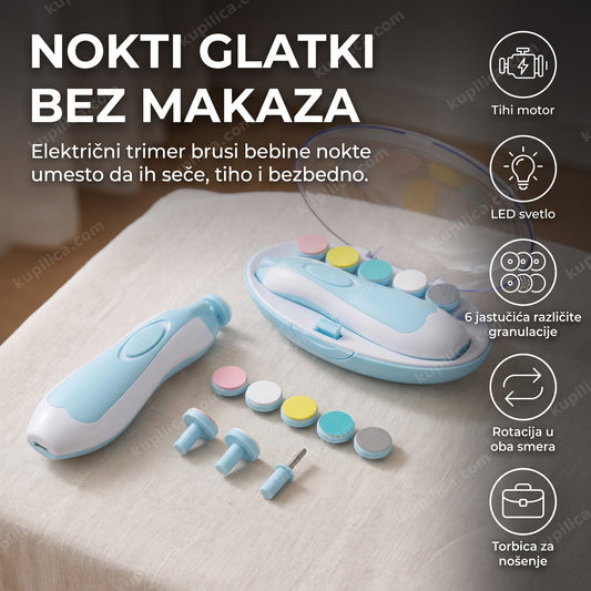 plavo-beli električni trimer za nokte za bebe sa nastavcima na stolu, benefiti proizvoda