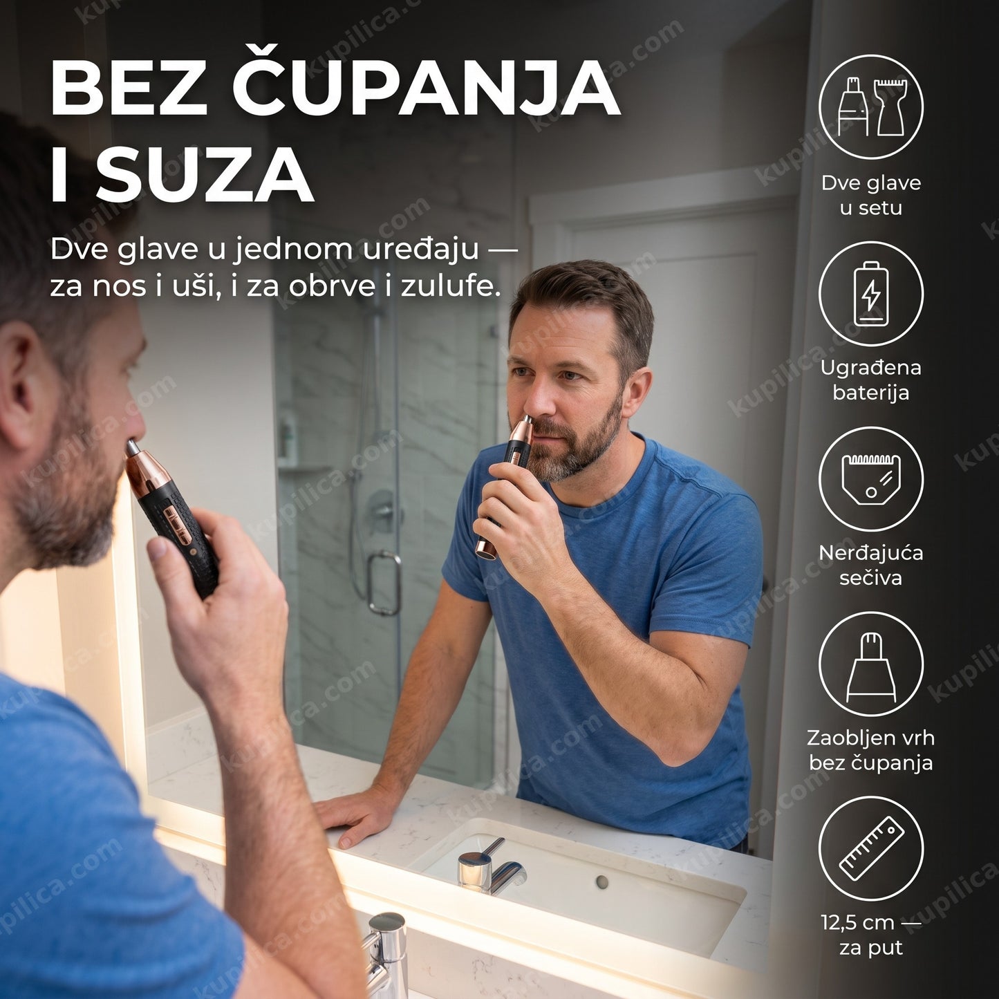 trimer za nos i uši 2u1 Pro Gemei GM-3120 — muškarac koristi trimer kod kuće, dve glave, bez čupanja