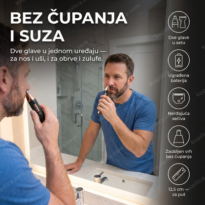 trimer za nos i uši 2u1 Pro Gemei GM-3120 — muškarac koristi trimer kod kuće, dve glave, bez čupanja