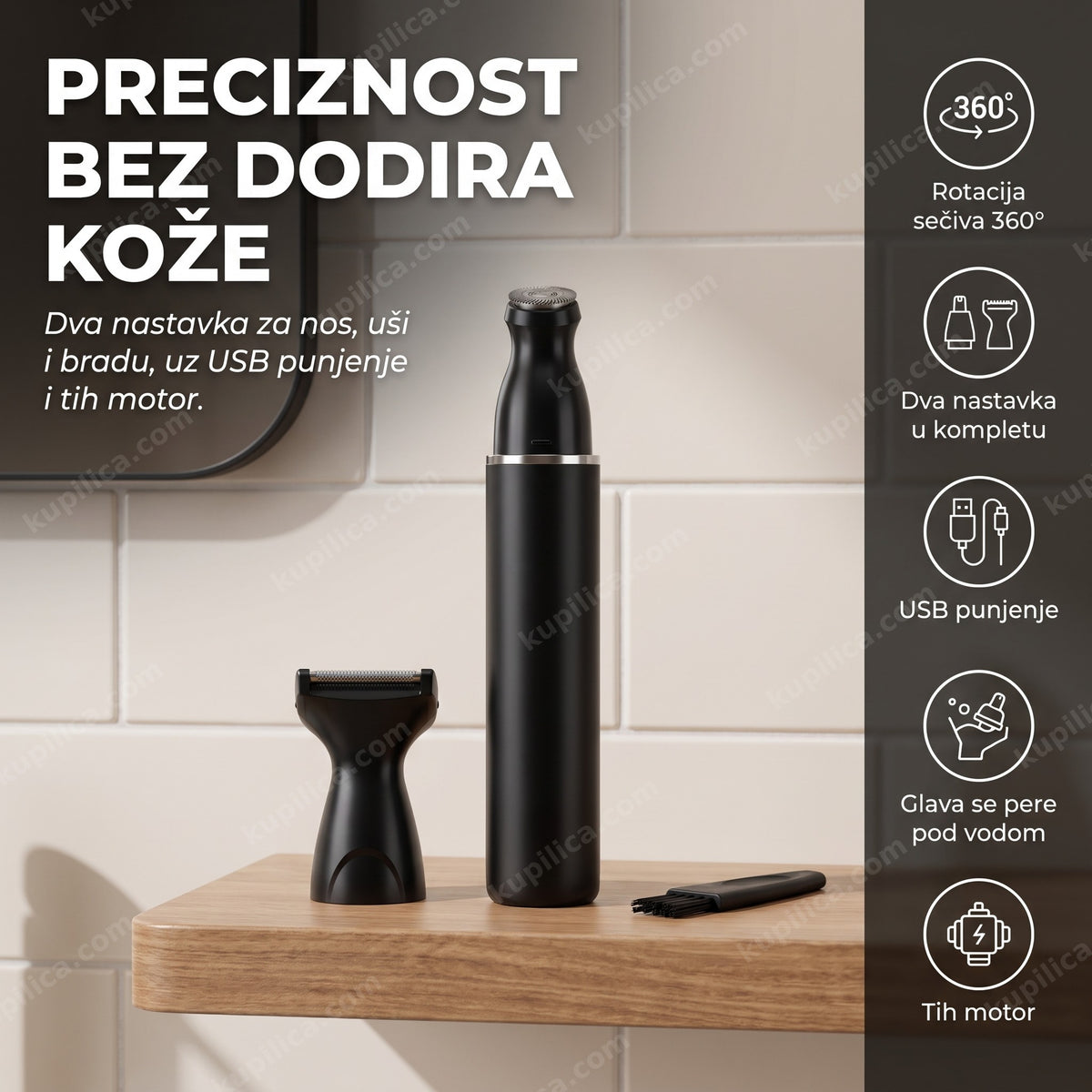 trimer za nos i uši sa nastavkom za bradu na kupatilskoj polici, benefiti proizvoda