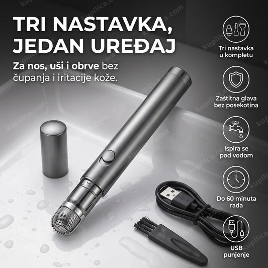 sivi trimer za nos uši i obrve sa tri nastavka