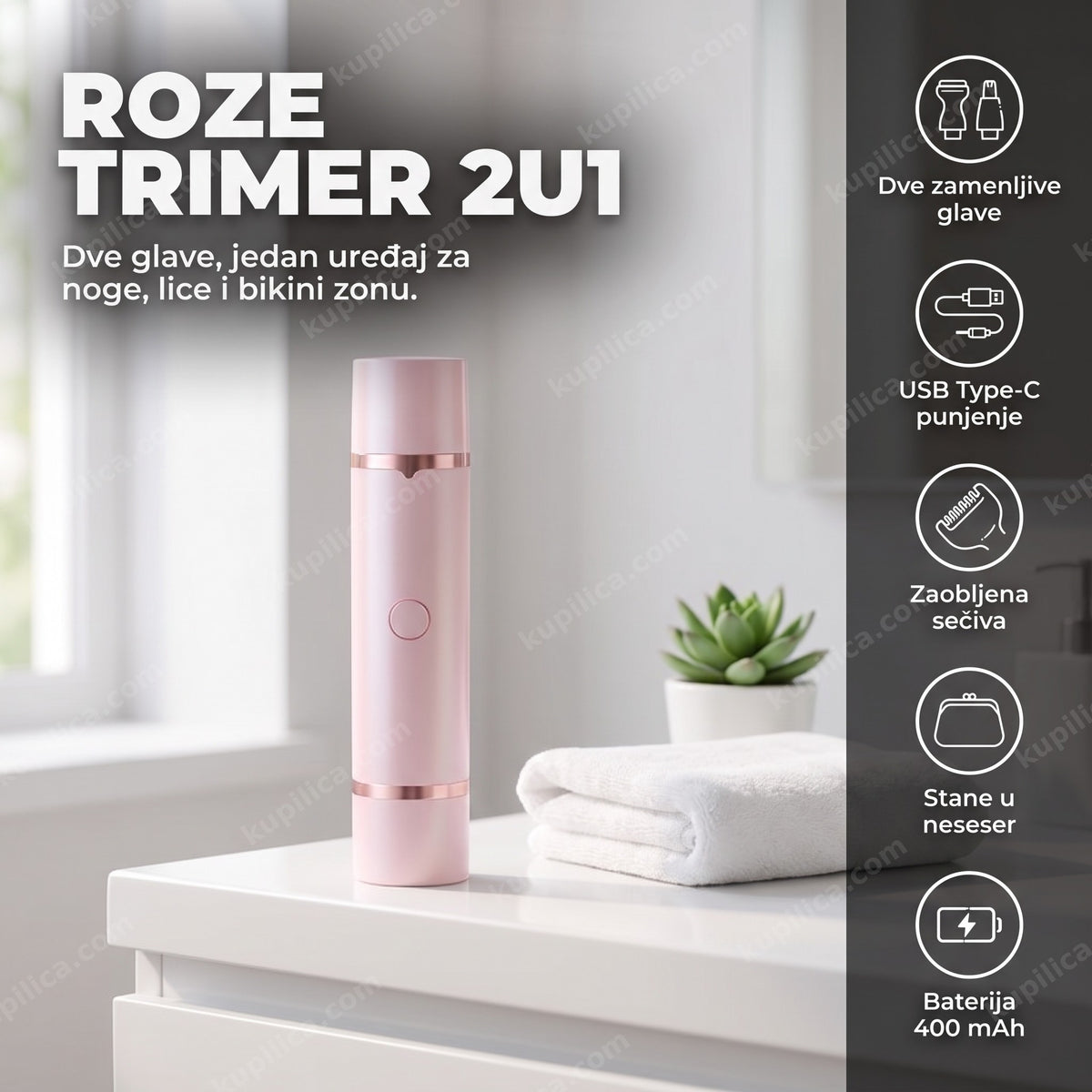 Roze trimer za žene 2u1 na polici u kupatilu sa USB-C punjenjem