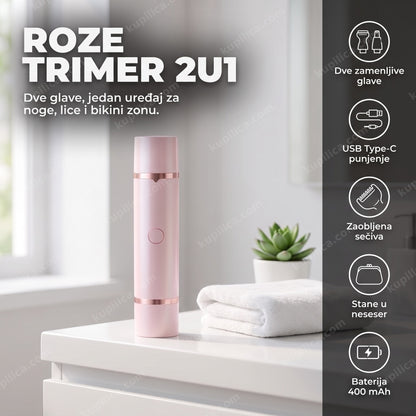 Roze trimer za žene 2u1 na polici u kupatilu sa USB-C punjenjem