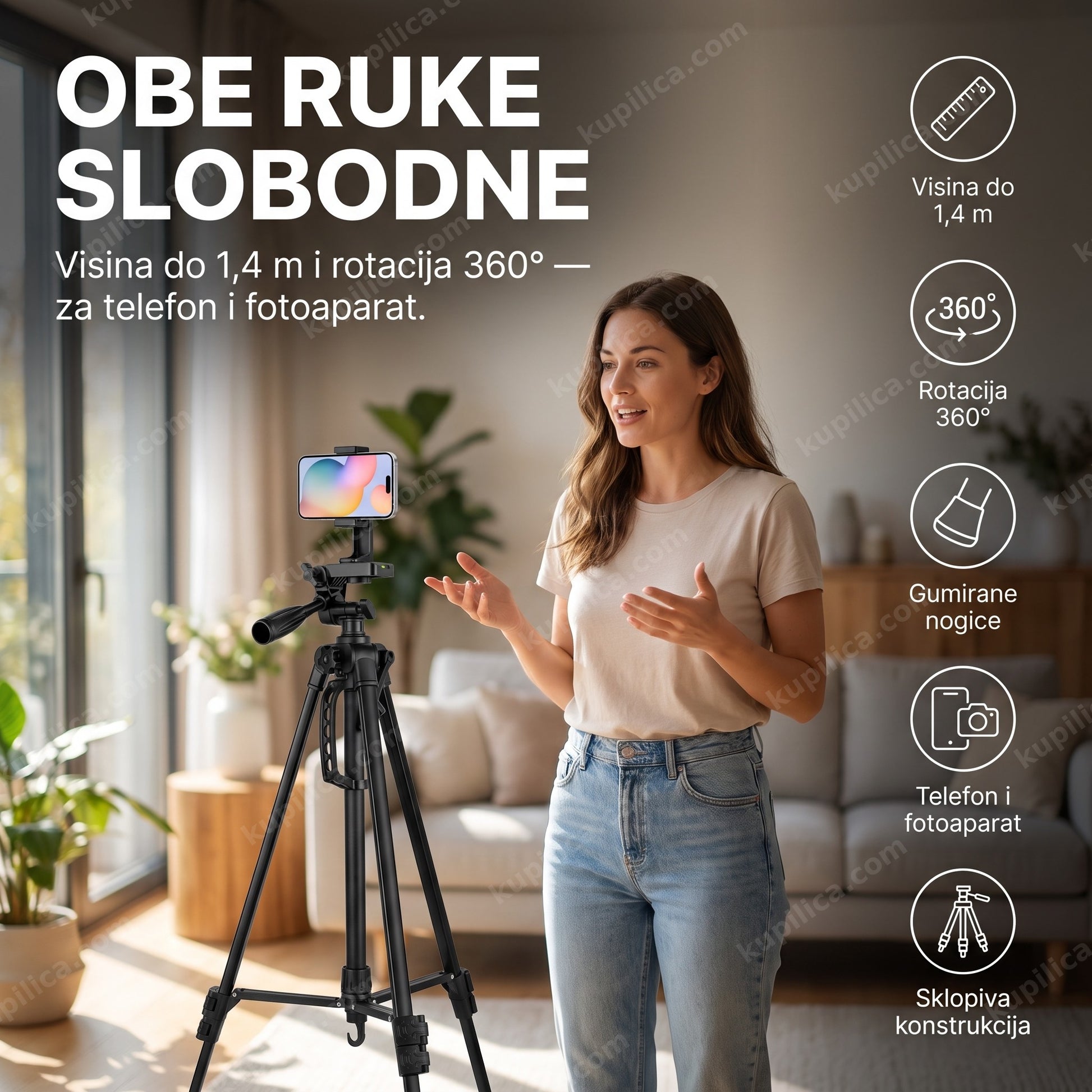 tripod stalak za telefon i kameru — odrasla osoba snima video kod kuće, visina do 1,4 m, rotacija 360°