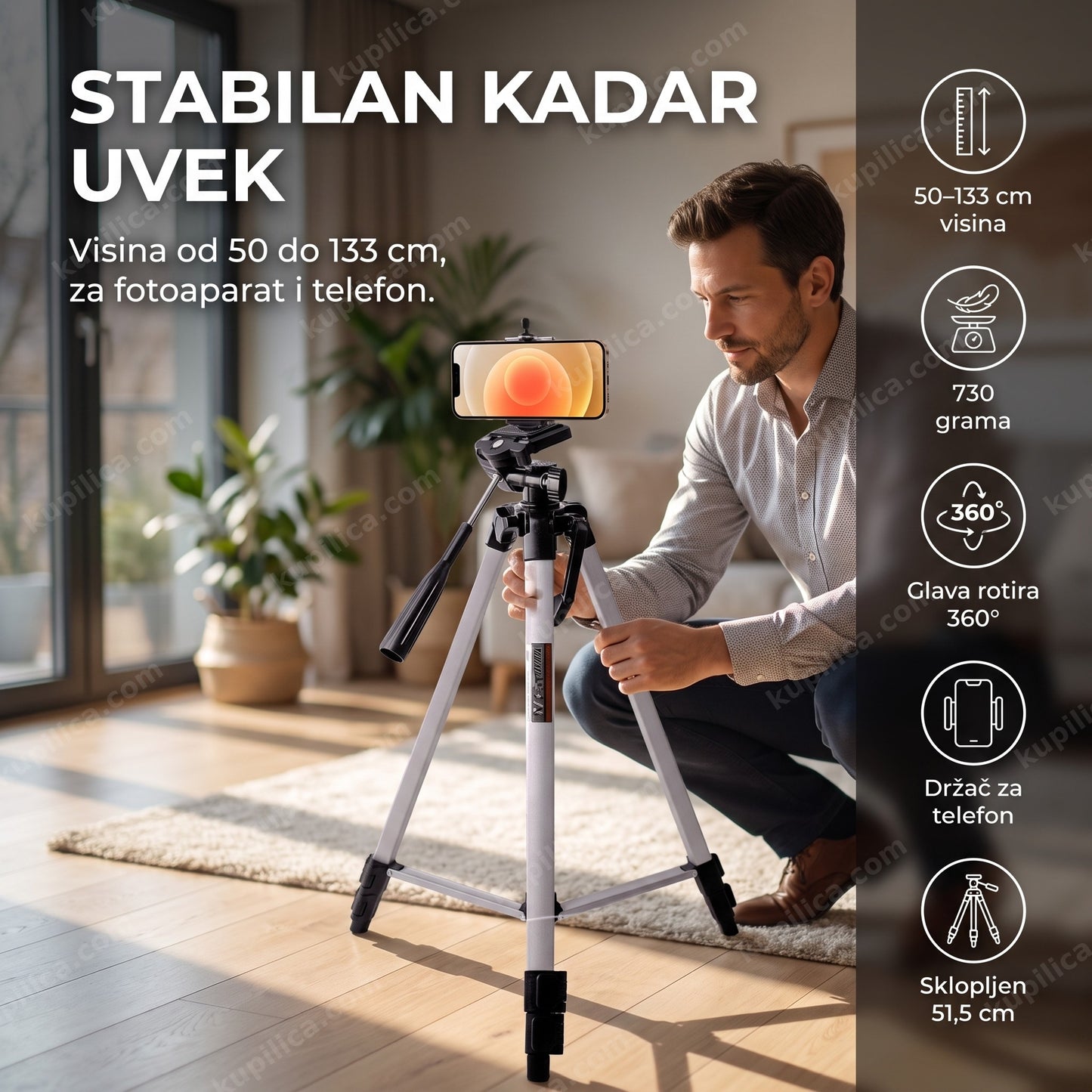 tripod stativ 330A za fotoaparat i telefon — odrasla osoba podešava stativ, visina 50-133 cm, rotacija 360°