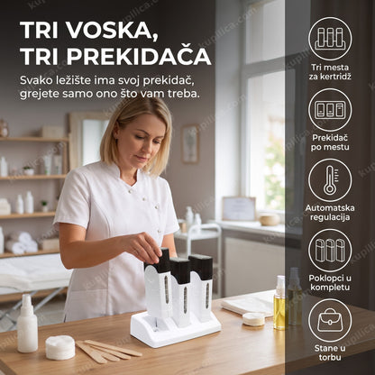 trostruki grejač voska za depilaciju — kozmetičarka priprema tri kertridža, svaki na svom prekidaču