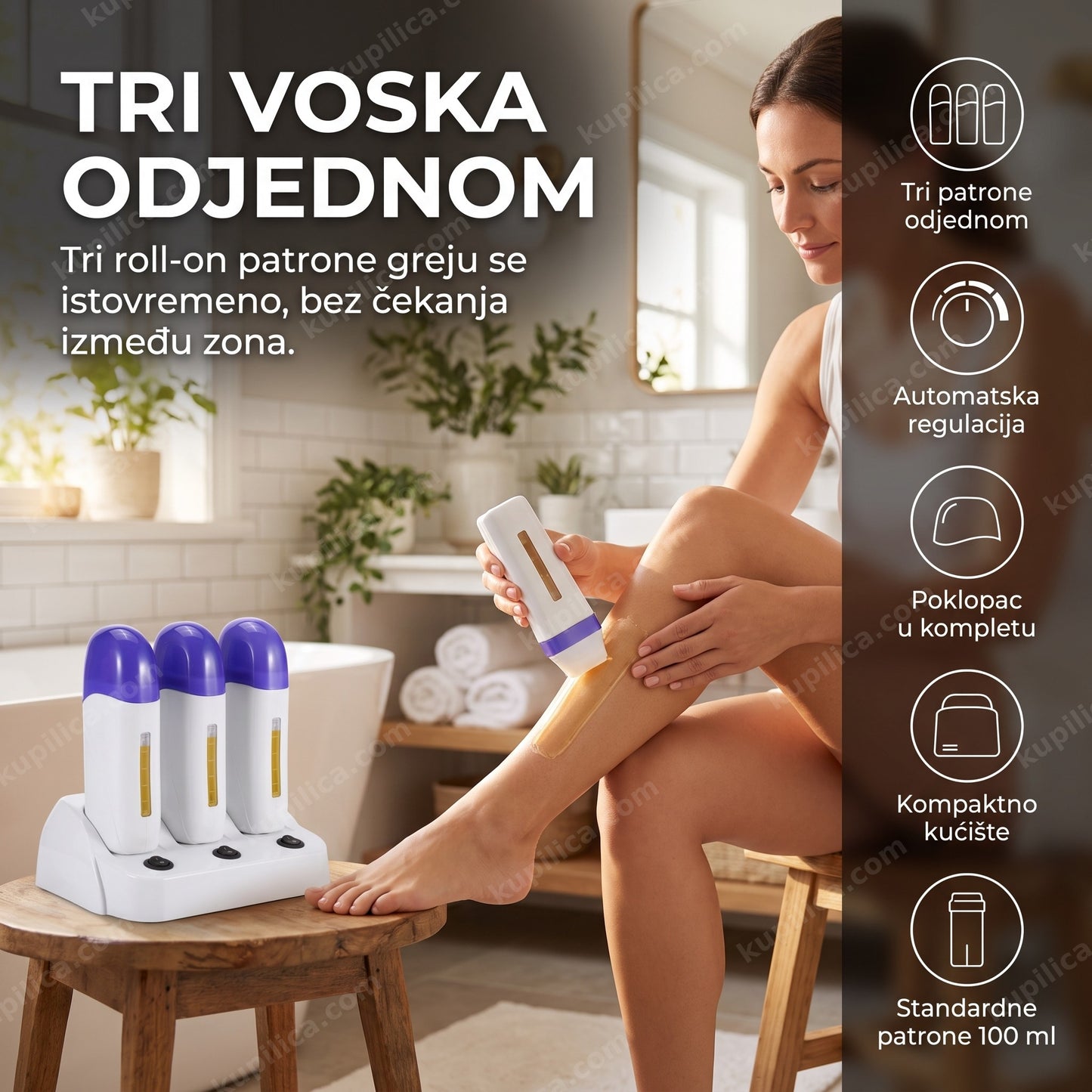 trostruki grejač voska za depilaciju LM-102 — žena radi depilaciju kod kuće, tri patrone greju se istovremeno