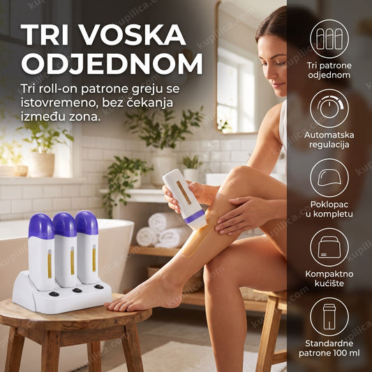 trostruki grejač voska za depilaciju LM-102 — žena radi depilaciju kod kuće, tri patrone greju se istovremeno
