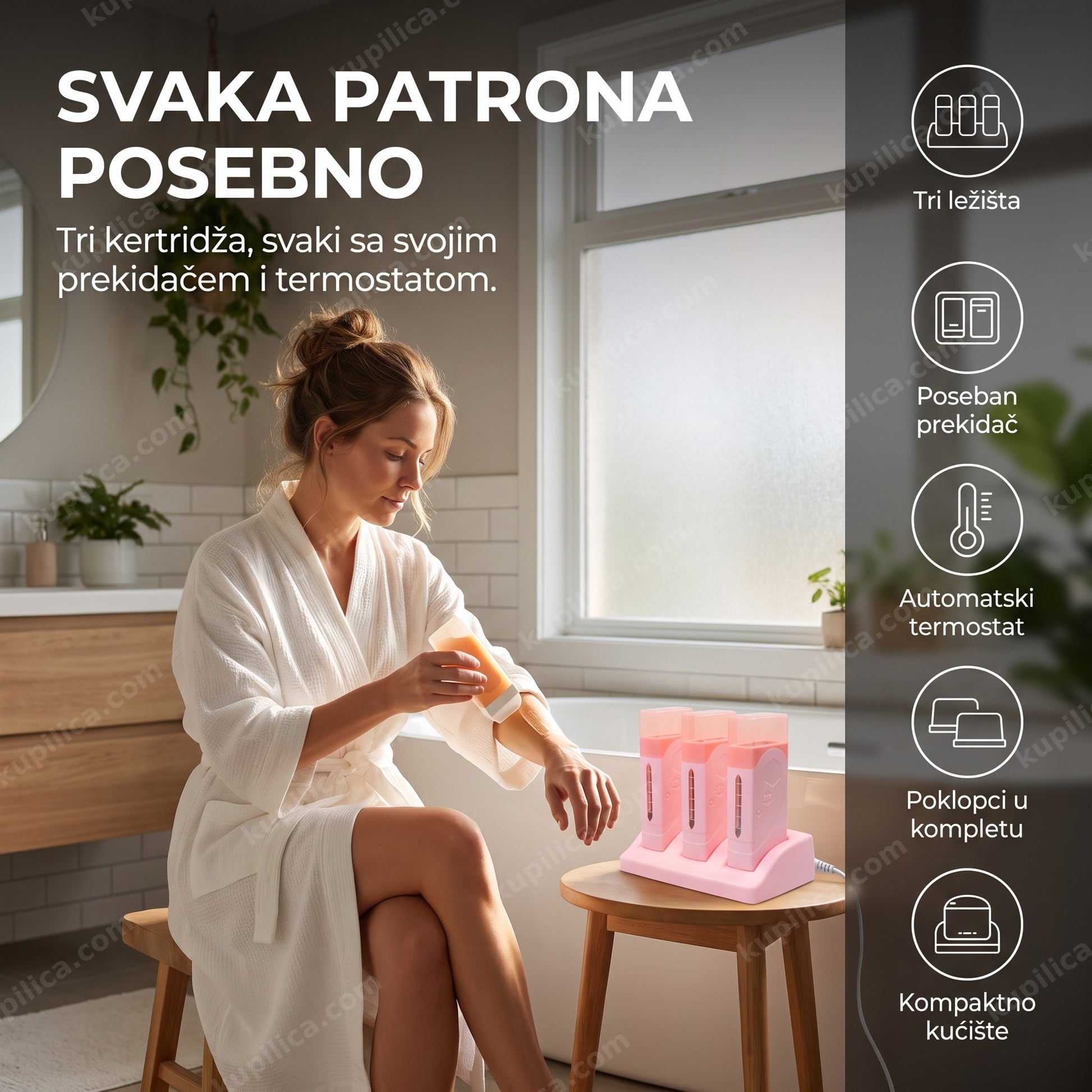 trostruki grejač voska za depilaciju, pink — žena radi depilaciju kod kuće, tri kertridža, poseban prekidač za svaki