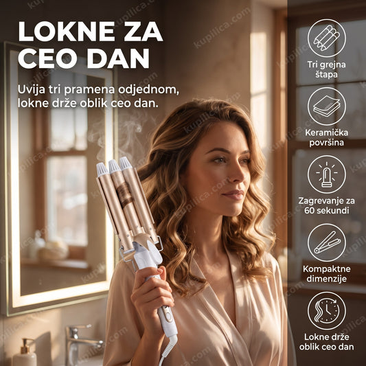 trostruki keramički uvijač za kosu sa gotovim loknama, prikazani benefiti proizvoda