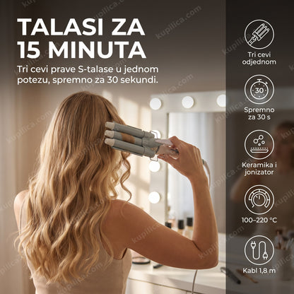 trostruki uvijač za kosu VGR V-595 — žena pravi talase kod kuće, spremno za 30 sekundi, keramika i jonizator