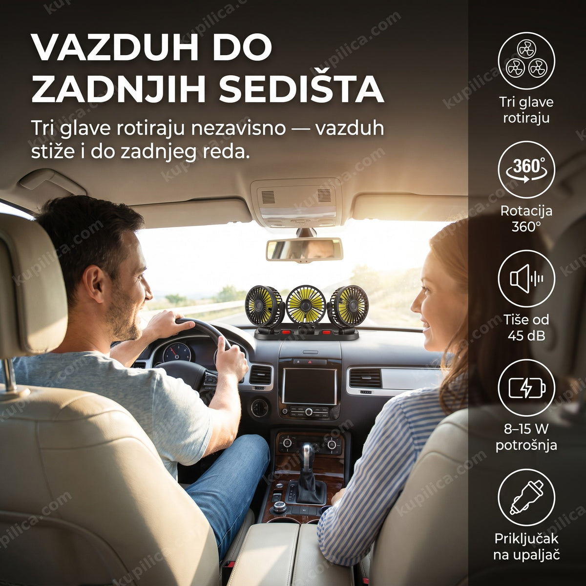 trostruki ventilator za auto 12V — odrasli u kolima sa ventilatorom na tabli, tri glave, priključak na upaljač