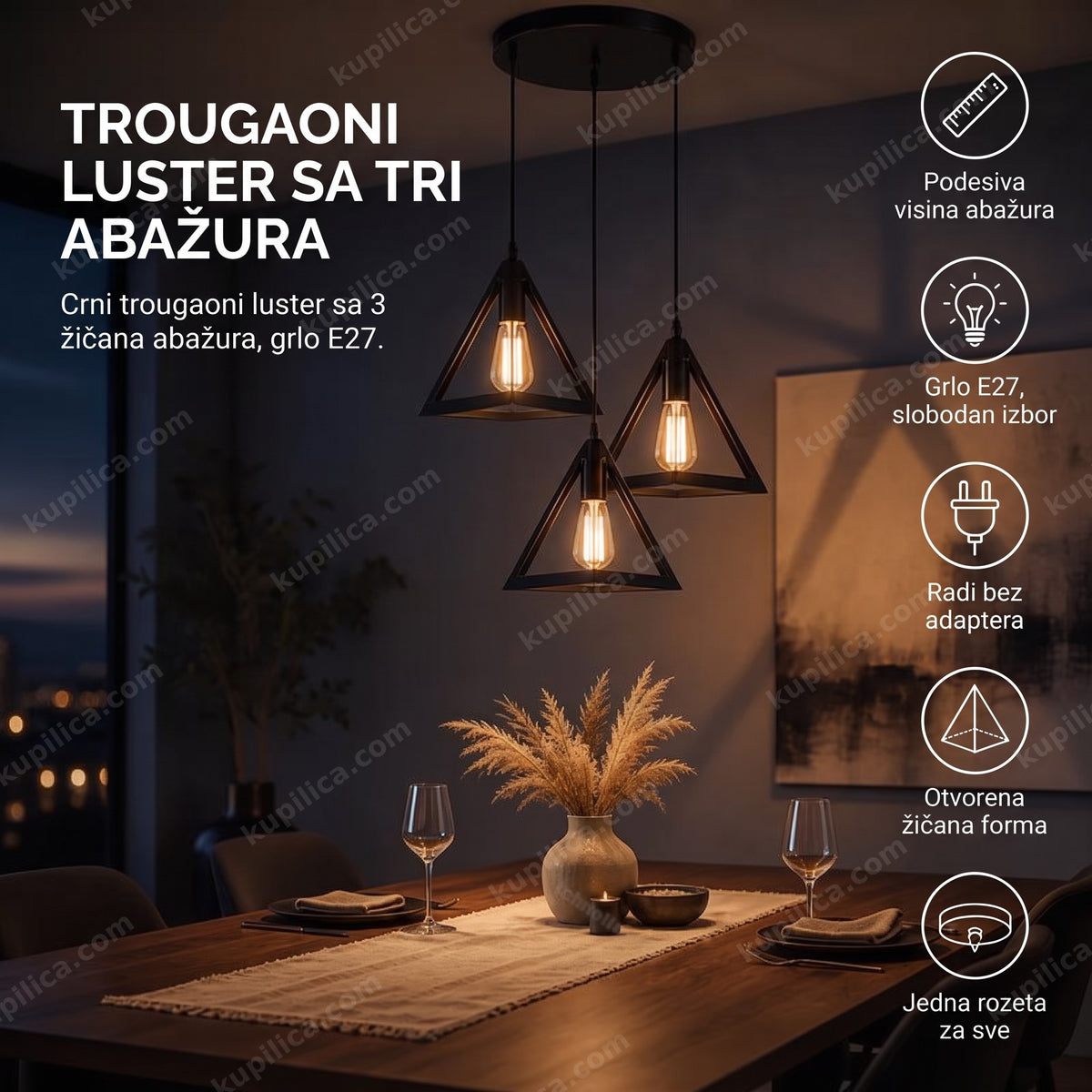 Crni trougaoni luster sa tri žičana abažura iznad trpezarijskog stola, benefiti proizvoda