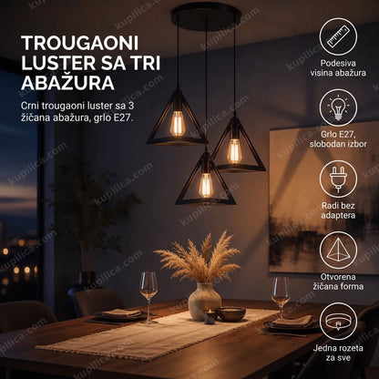 Crni trougaoni luster sa tri žičana abažura iznad trpezarijskog stola, benefiti proizvoda