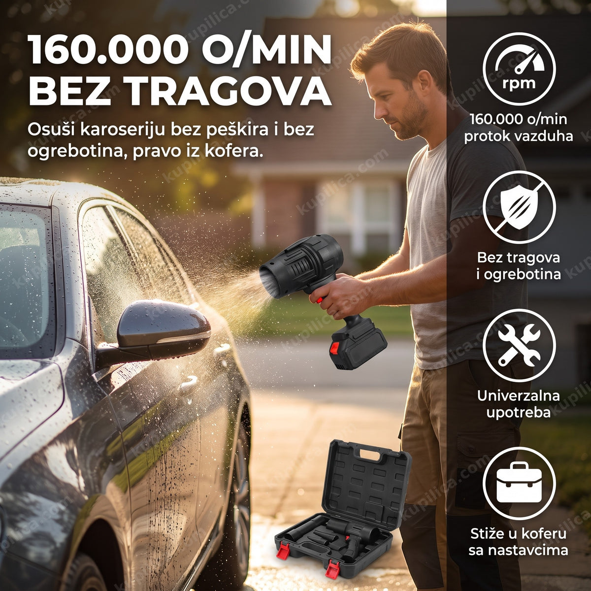 turbo industrijski fen za sušenje kola 160.000 o/min suši karoseriju bez tragova u dvorištu, benefiti proizvoda