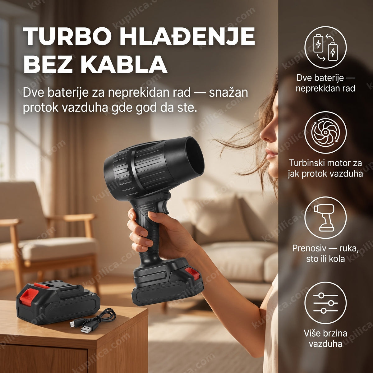 turbo prenosivi ventilator sa dve baterije hladi lice u dnevnoj sobi vrelog letnjeg dana, benefiti proizvoda