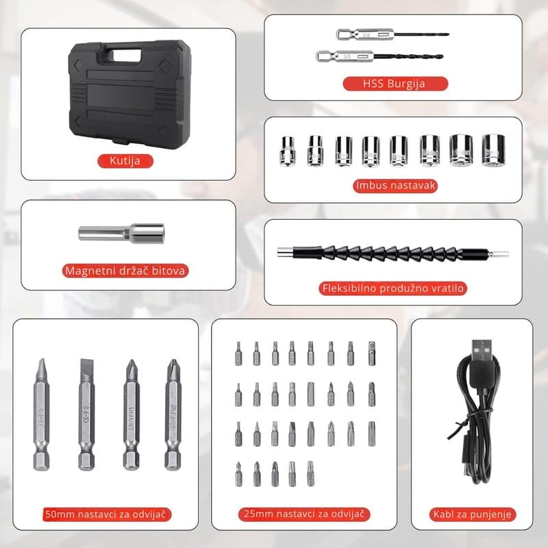 aku odvijač set sa 44 nastavka — detalj 1