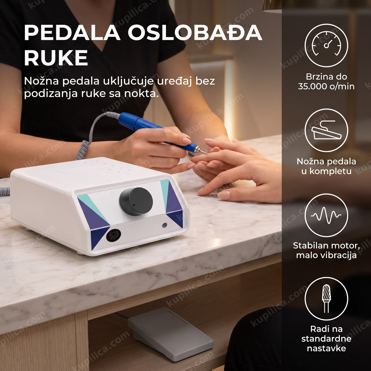 Stona turpija za nokte sa pedalom na profesionalnom manikir stolu, benefiti proizvoda