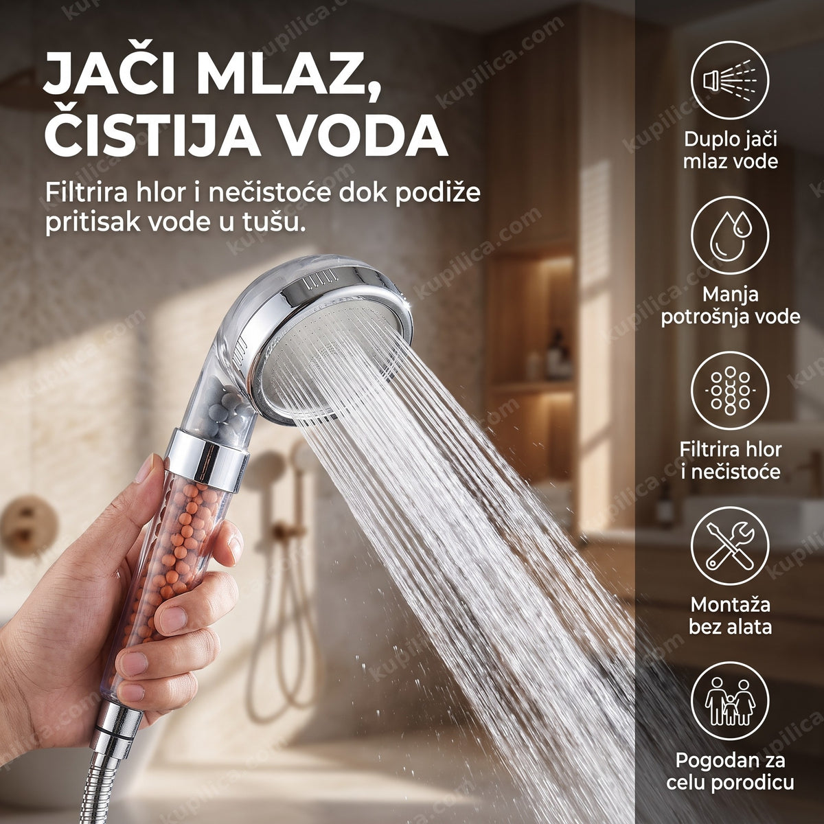 tuš sa jonskim filtriranjem u kupatilu sa jakim mlazom vode, benefiti proizvoda