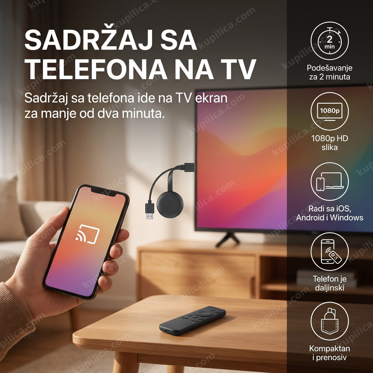 tv box za strimovanje sa telefona na tv ekran u dnevnoj sobi, benefiti proizvoda