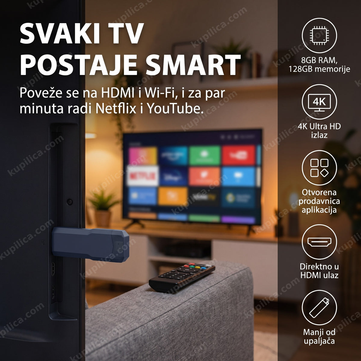 Tamnoplavi TV stik povezan na HDMI ulaz televizora sa mozaikom kanala – benefiti proizvoda