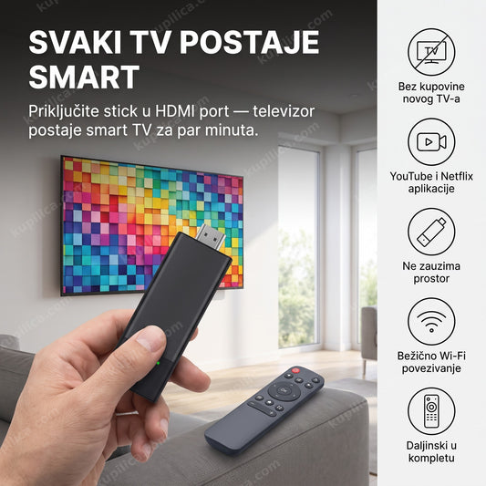 Android TV stik u ruci ispred televizora, prikaz benefita proizvoda