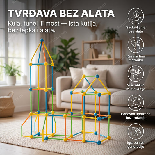 tvrđava za decu od štapova i kuglica u dnevnoj sobi, prikaz benefiti proizvoda