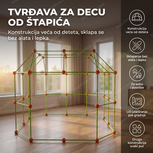 sastavljena tvrđava za decu od zelenih štapića i narandžastih kuglica u dnevnoj sobi, benefiti proizvoda
