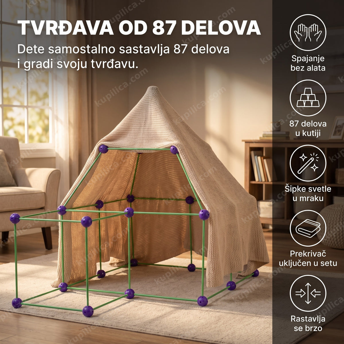 sastavljena tvrđava za decu sa prebačenim ćebetom u dnevnoj sobi, benefiti proizvoda