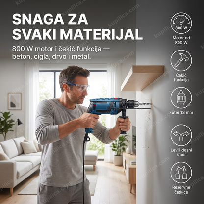 udarna bušilica GSB16RE 800W — muškarac buši zid kod kuće, čekić funkcija, futer 13 mm