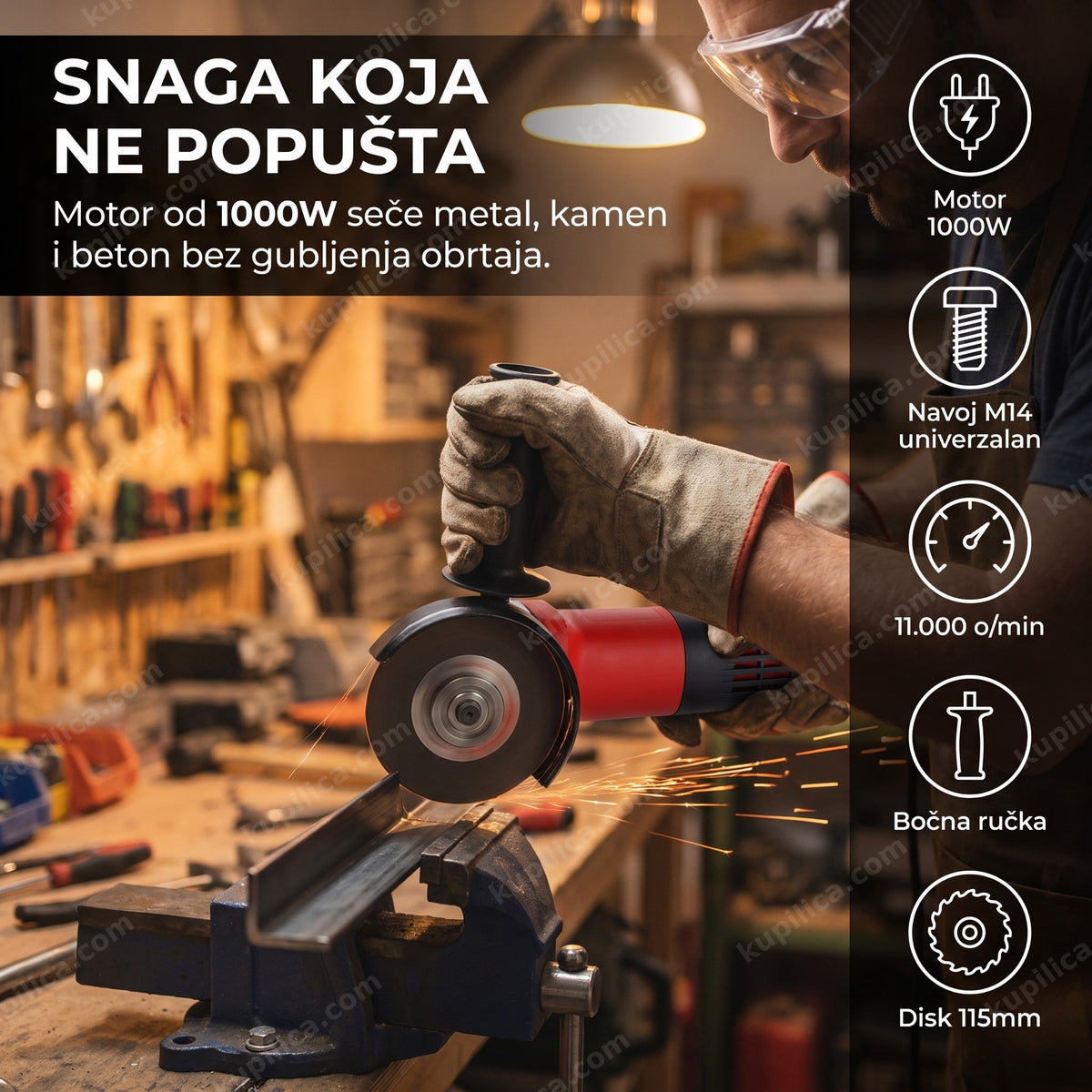 ugaona brusilica 1000w u upotrebi na radnom stolu, benefiti proizvoda