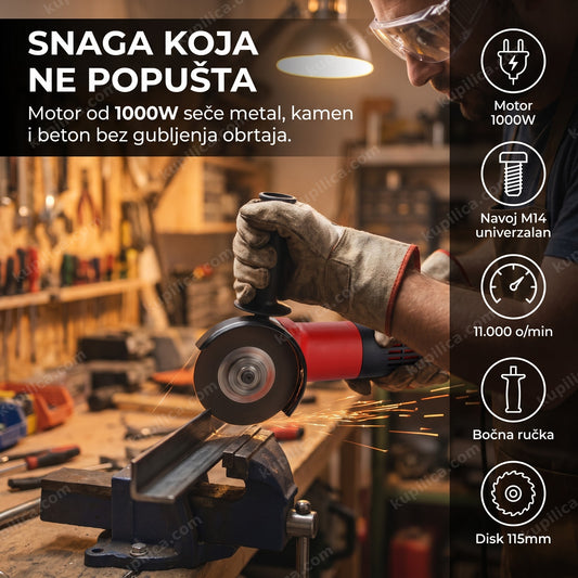 ugaona brusilica 1000w u upotrebi na radnom stolu, benefiti proizvoda