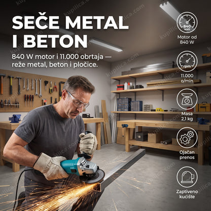 ugaona brusilica 9557HPG 840W — muškarac seče metal u garaži, 11.000 obrtaja, zaptiveno kućište