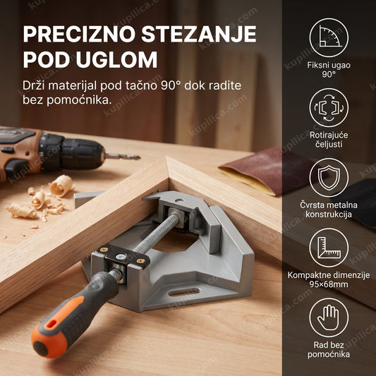 ugaona metalna stega u radionici pričvršćena na drveni ram sa prikazom benefita proizvoda