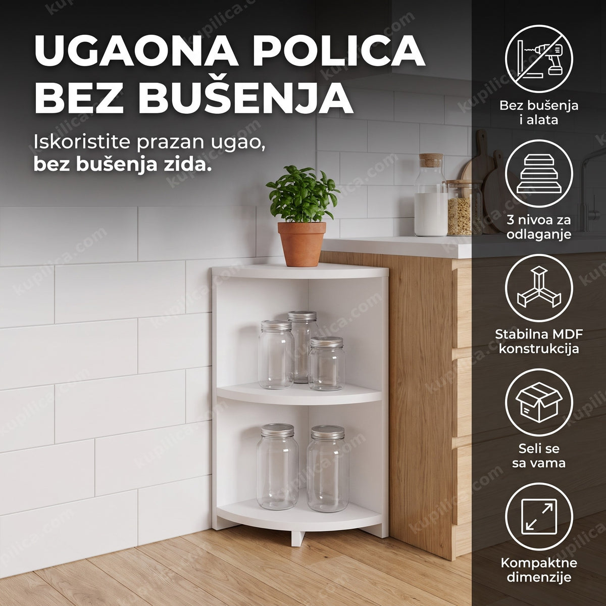 Bela ugaona polica bez bušenja sa teglama u uglu kuhinje, benefiti proizvoda