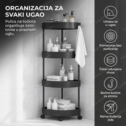 crna ugaona polica na točkiće sa četiri nivoa u kupatilu