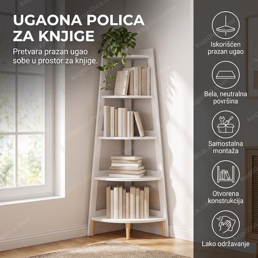 Bela ugaona polica sa pet nivoa knjiga i biljkom u uglu sobe, benefiti proizvoda