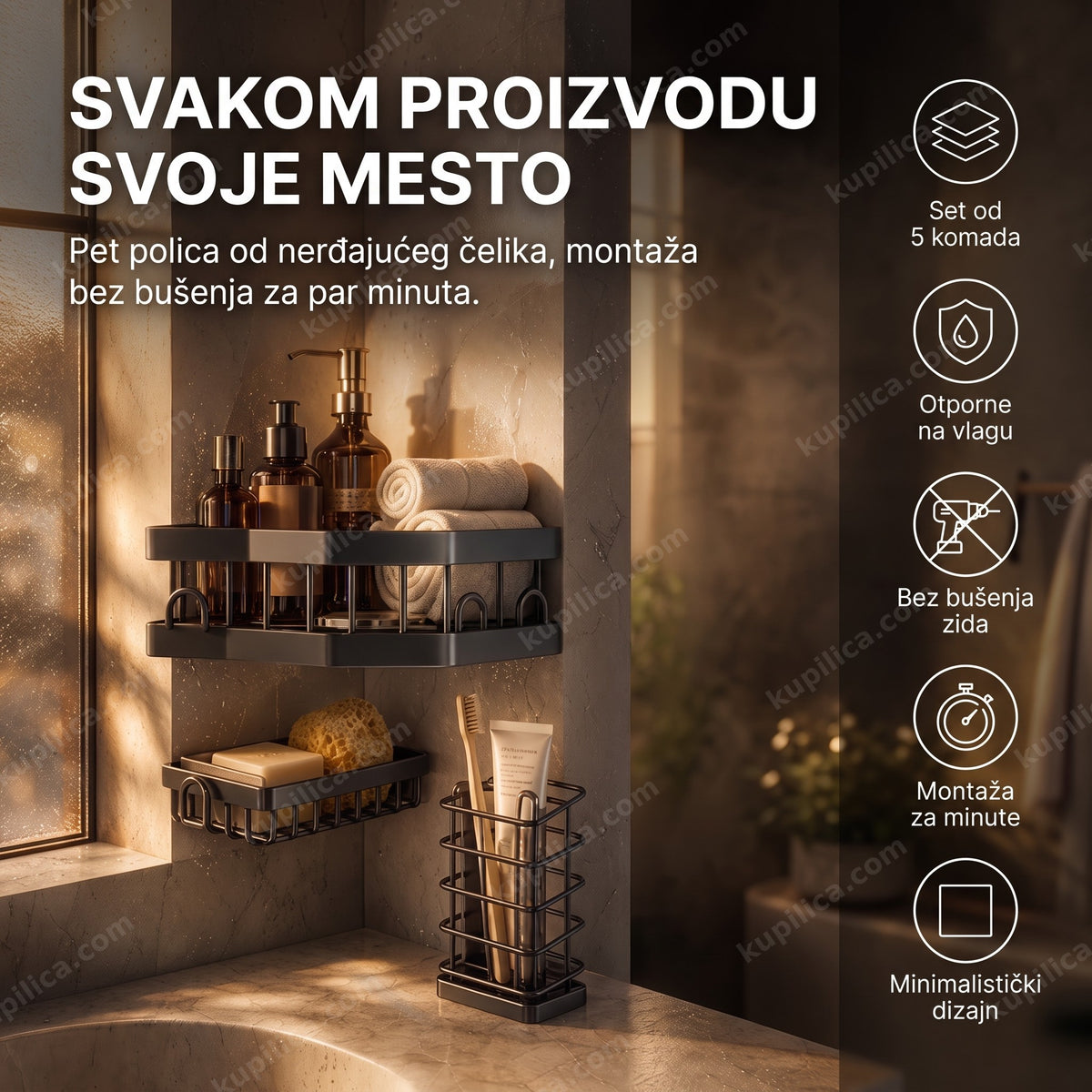 ugaona polica za tuš bez bušenja — set od 5 polica u uglu tuš kabine