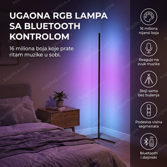 ugaona rgb lampa u uglu spavaće sobe pored kreveta sa ljubičastim osvetljenjem, benefiti proizvoda